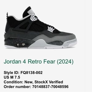 Jordan 4 Retro Fear Black and Gray Sneakers